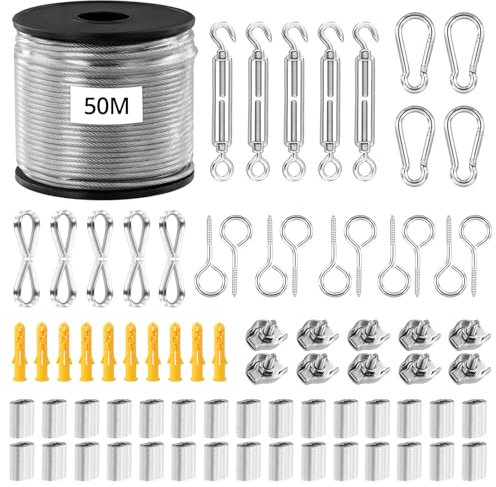 QWORK® 50m Set di Funi Metalliche, Cavo Acciaio 2mm, Filo da Giardino per Piante Rampicanti, Cavo Stendibiancheria per Esterno in Acciaio Inossidabile 304