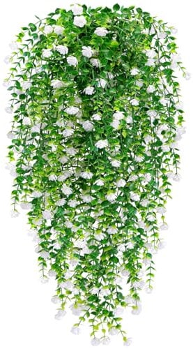 Yueshop 4PCS Artificial Hanging Flowers, UV-Resistant Artificial Hanging Plants Flowers Bouquet Outdoor Indoor Fake Hanging Plant Artificial Flowers for Home Garden Wedding Decor (White)
