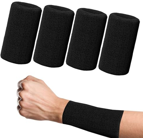 4 Stück Schweißbänder Handgelenk 15x8cm für Sport und Fitness Verlängertes | Saugfähige Gekämmte Baumwolle | Maschinenwaschbar | für Tennis Laufen Basketball Fußball | für Kinder Damen Herren | Schwarz