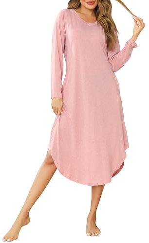 Wikoan Chemise de Nuit Femme Coton Vêtements de Nuit à Manches Longues Robe de Nuit Longue avec Col U Chemises de Nuit Hiver avec Poches Rose Clair M