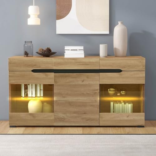PUGSDRLY Commode avec 3 Tiroirs et 3 Portes,Meuble Rangement Salon,Buffet Salon avec lumière LED,Buffet Salle a Manger,Moderne Commode pour de Multiples Scénarios,Oak 140x35x80cm