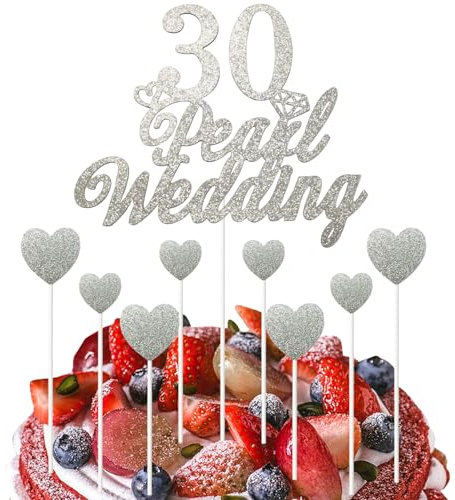 30th Wedding Anniversary Cake Toppers Set, Silver Glitter Wedding Anniversary Heart Cake Decorations for 30th Pearl Celebration Party Supplies