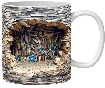 Generic 3D-Bücherregal-Becher, Keramik, 3D-/Relief-Becher, 8,9 cm, runder Becher, Bibliotheksthema, 3D-Bücherregal-Design, 9 cm, 1 Stück, wiederverwendbar, lässig, Zuhause, Reisen, heiße Getränke,