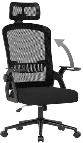 naspaluro Sedia da Ufficio Scrivania Ergonomica, Con Braccioli Pieghevoli, Altezza Regolabile, Seduta e Schienale in Rete Respirante, Girevole con Ruote, Funzione Oscillante Nera