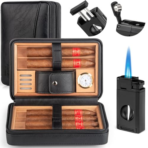 Cave à Cigares,Humidor de Voyage en Cuir avec Hygromètre & Humidificateur,Boîte à Cigares portable et étanche pour 6 Cigares, Allume-Cigare 3-en-1, Coupe-V et Poinçon