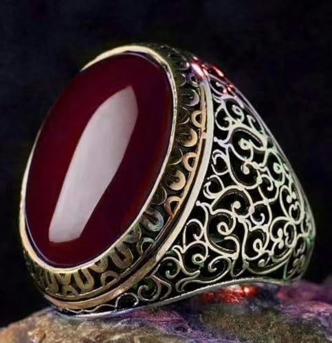 Schmuck Retro Natur Smaragd Alt Silber Geschnitzt Totem Herren Ring-rot-8