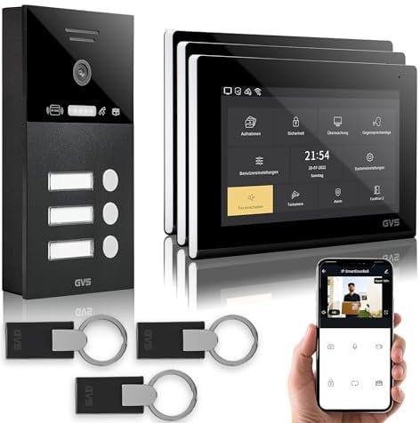 GVS - IP Video Türsprechanlage 3 Familienhaus mit Türöffner (RFID), HD Kamera, 3X 7 Zoll Monitor & App - Smarte Video Türklingel mit Kamera & Gegensprechanlage (AVS4291A)