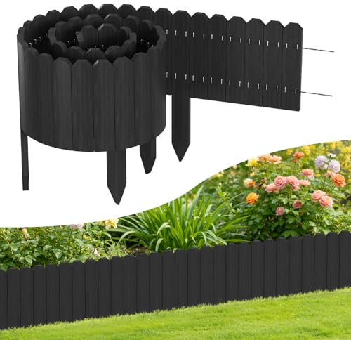 Ollewiellan Beeteinfassung Holz 200×40cm Beetumrandung Rasenkante Holz Flexibler Holzzaun Gartendeko Gartenpalisade für Beeteinfassung, Mähkante Rollborder, Steckzaun Blumenbeet,Anthrazit