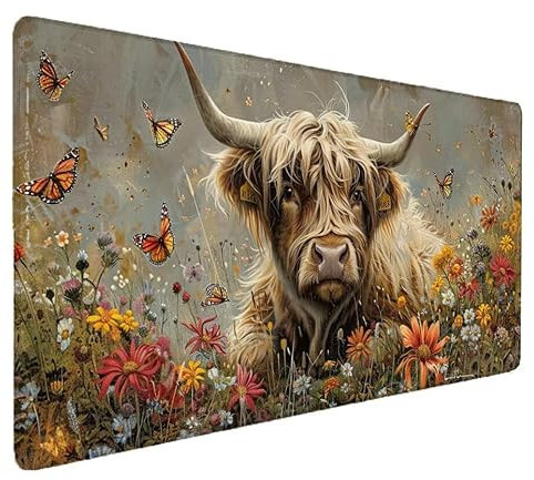 Tapis de Souris Couleur, Bovins des Highlands Tapis de Souris Gamer XXL 1500x800x3mm Étanche Antidérapante Mouse Pad avec Coutures sur Les Bords sous Main - pour Gamer, PC, Ordinateur, Portable Q-1