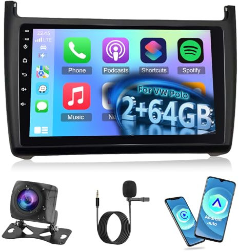 NHOPEEW 2G+64G Android Autoradio für VW Polo 6R 2009-2017 - Drahtlos Carplay & Android Auto - 9 Zoll Android Stereo mit WiFi EQ GPS Mirror Link FM RDS + AHD Rückfahrkamera&Mic