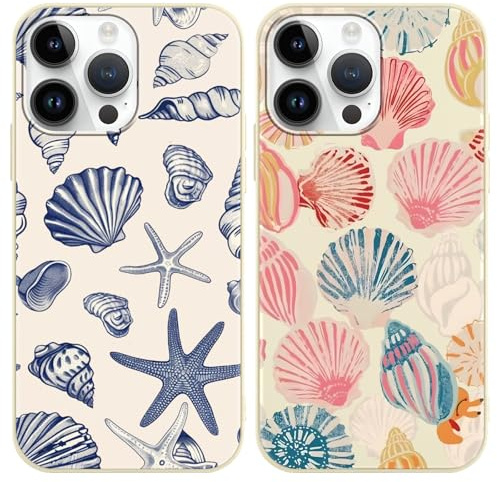 Phoona 2 Pack Cute Case for iPhone 14 Pro Max 6.7, Beach Blue Pink Ocean Seashell Aesthetic Preppy Summer Girly Design Pattern for Girls Women, Slim Soft Silicone Shockproof Bumper Protector Cover