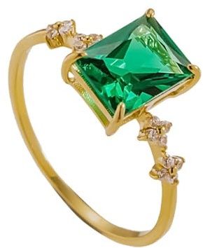 Lirzxin Goldring Damen Echtgold 585 14 Karat, Trauringe Für Frauen Dünn Rechteckig Erstellter Smaragd mit 4 Krappen und Rund Erstellter Diamant Hochzeitsringe Gelbgold Gr. 62 (19.7)