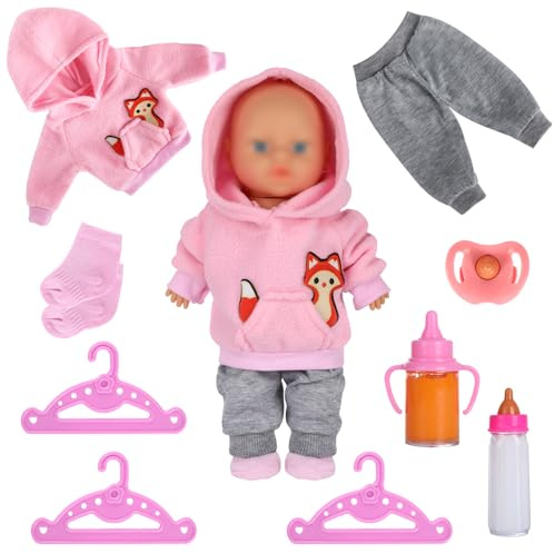 Baby Puppen Puppenkleidung 35-43 cm, Kleidung Outfits für Baby Puppen, Puppenkleidung mit Kapuzensweatshirt und Hose,Puppenzubehör mit Fuchsmuster,Hose, Socken,Schnuller,2 Flaschen und 3 Kleiderbügel