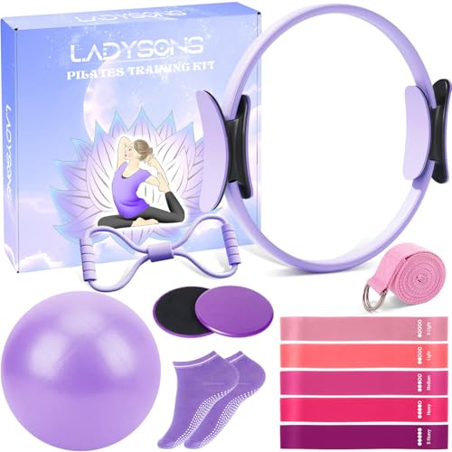 LADYSONS Set di anelli da pilates – Pilates Essential Kit con 32 cm Magic Circle, Pilates Ball, Pilates Bänder, Sliding Disks & Training Poster ecc., Attrezzature per il fitness per la casa, accessori