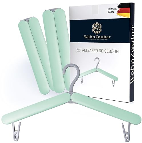 WohnZauber® Faltbare Reise Kleiderbügel 3er Set | Platzsparend & Leicht | Ideal für Urlaub, Camping, Hotel & Zuhause | Klappbare Kleiderbügel mit Clips (Grün)