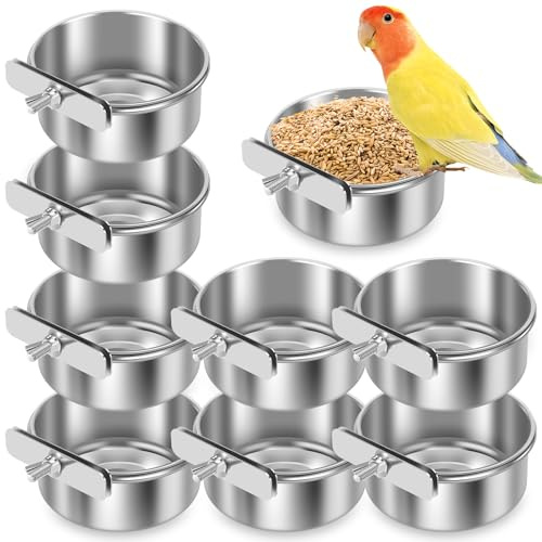 8Pcs Bird Feeding Dish Cups, Parrot Food Bowl with Clamp Holder, Stainless Steel Bird Cage Water Bowl for Parakeet African Greys Conure Cockatiels Lovebird Budgie Chinchilla(8PCS)