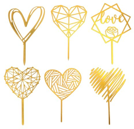 Pongnas 6PCS Gold Heart Cake Toppers Kuchen Dekorationen Alles Gute Zum Geburtstag Zeichen für Kuchen mit Plastikmaterial für Hochzeitsjubiläumsgeburtstagsfeier