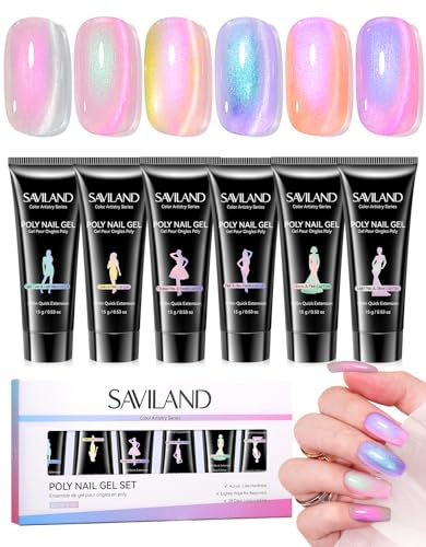 SAVILAND Poly Nail Gel Kit: Glow & Go Poly Extension Gel Nail Kit 6 Aurora Colors Gel Nail Extensions Kit with Cat Eye Magnet for Builder Enhancement Cateye Nail Art Salon Home Use