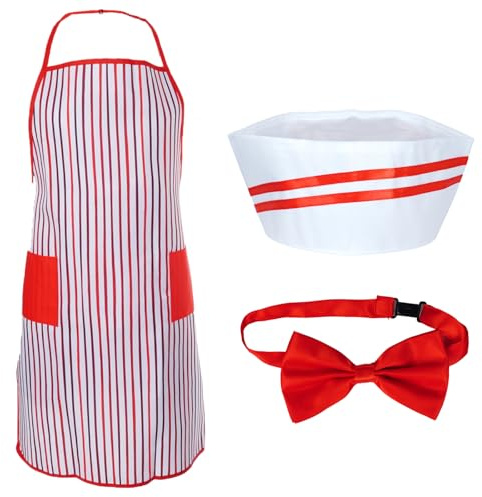 ASFWAGQ Kellner Kostüm 50er Jahre Style für Erwachsene - Inklusive Popcorn Mädchen Outfit mit rot-weiß gestreifter Schürze, Kochmütze & Fliege für Karneval, Mottoparty & Filmabend Cosplay