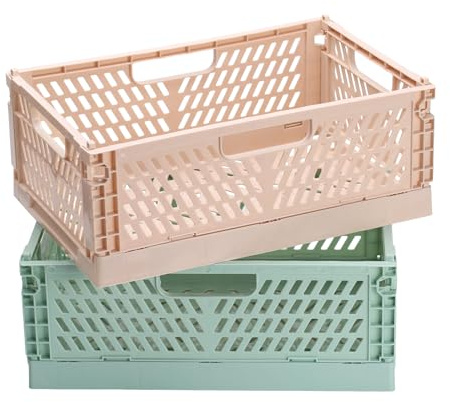 PIANKEKE 2 Stück Klappkisten, Plastik Klappboxen Faltbar Stabil, Faltbare Aufbewahrungskorb, Kunststoff Klappkorb Faltbare Box für Bad Schrank Küche Organizer(30,5x20x11,5 cm, Grün/Milchtee)