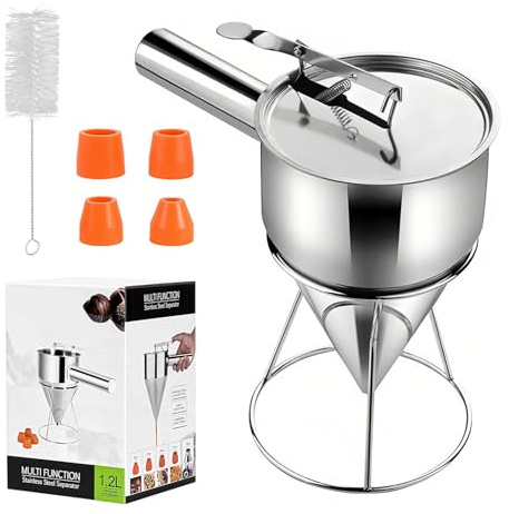 MFUSUL Teigportionierer 1200ml, Edelstahl Pfannkuchen Teigspender mit Ständer, Teigspender mit Deckel, Reinigungsbürste und 4 Ersatzdüsen, Ideal für Pfannkuchen, Desserts und Backen