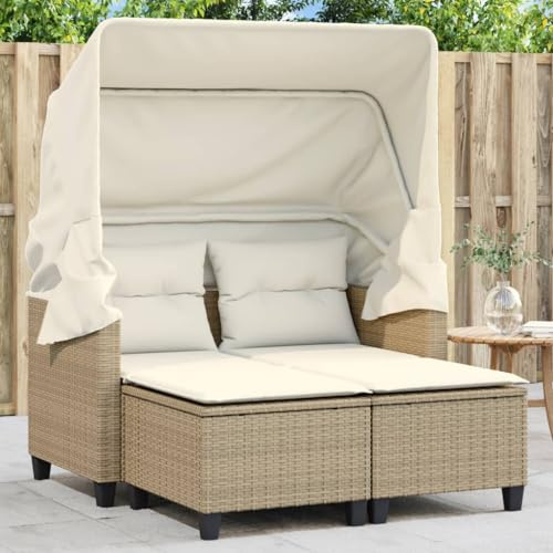 Bucmath Gartensofa 2-Sitzer mit ausziehbarem Dach, Poly Rattan Beige, 123x65x155cm, inklusive 2 Hocker und Kissen, witterungsbeständiges Outdoor Lounge Set für Terrasse und Garten