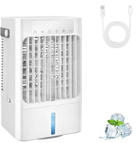 Portable Air Conditioner Fan, Mini Evaporative Air Cooling Fan with 3 Speeds & 1-8H Timer, Air Cooler Fan with 7 Colors LED Light and 3 Spray Modes,Portatil for Bedroom Officeand coffee Desk-900ml