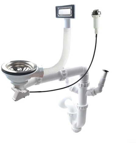 HomeVortex Système de vidange d'évier de cuisine 110 mm en acier inoxydable (SUS304+PP), évacuation arrière murale, compatible lave-vaisselle, double coude rotatif contrôle du débit