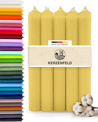 Premium Stabkerzen Gelb durchgefärbt, 10 Stück, 180mm x 22mm | Made in Germany, Lange Brenndauer 8+ Stunden - Bunte Spitzkerzen Ohne Tropfen & Rußen - RAL-Zertifizierte Haushaltskerzen