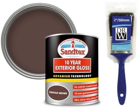 DRW Chestnut Brown 10 Year Gloss Multi Surface Paint 750ml +2 Brush| Interior and Exterior Wood Metal and PVC Paint | High Shine Durable Gloss Finish