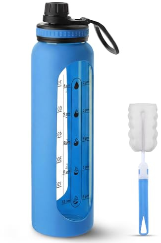 ZAHRVIA Gourde en Verre de 1L avec Graduation Horaire – Bouteille en Verre Motivante pour 1 Journée – Incassable avec Housse Silicone & Brosse de Nettoyage – Sans BPA (Bleu)