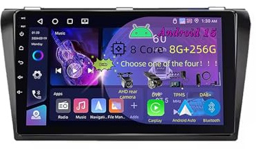 9 Pulgadas Doble DIN Android 15 Radio de Coche para Mazda 3 2004-2009 con CarPlay Cámara de Respaldo Controles del Volante Bluetooth GPS Navi Enlace al Espejo(C3 6+128G)