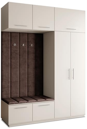 Masseno Flugarderoben Set Rema, Kleiderschrank-Set mit Sitzbank, Garderobenschrank Flur mit 5 Regalböden, Kaschmir