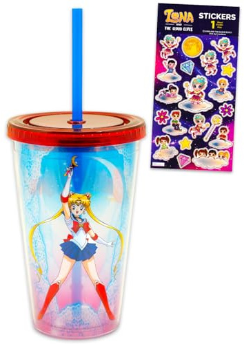 SAILOR MOON Set di bicchieri da 470 ml, con tazza termica a doppia parete con coperchio e cannuccia, con adesivi riutilizzabili, per bambini, uomini, donne