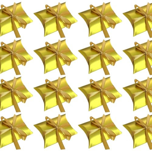 JZK 50x Gold Partygeschenke Box Papier Kleine Geschenkbox für 50 Jahre Goldene Hochzeit Jahrestag Party Süßigkeiten Konfetti Box, Geburtstag, Taufe, Abschlussfeier, Weihnachtsgeschenke Box, Kissen