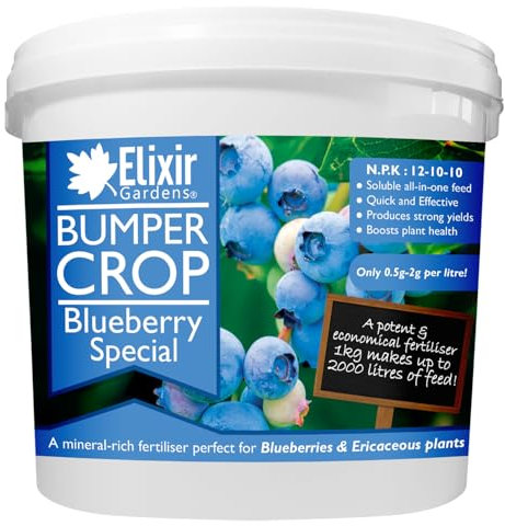 Elixir Gardens Bumper Crop Blueberry Special Fertiliser | Soluble Feed for Blueberries, Raspberry & Strawberry Plants | 1kg - 20kg Supplied in Bag or Tub | NPK 12-10-10+ 4 | 2.5kg Resealable Tub