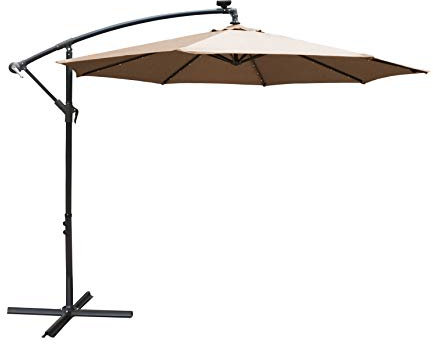 AIRWAVE 3m Cantilever Garden Parasol with Solar-Powered LED Lights | Banana Patio Umbrella with Crank Handle & Tilt, Sun Shade with Protection UPF 30+ | Beige