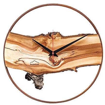 huamet Holz Wanduhr WUHRZEL, Apfelbaum mit rostigem Metallring, rund - wahrhaftiges Unikat, geräuschlos ohne Ticken - Qualitätsprodukt Made in Südtirol - CH70-A-04