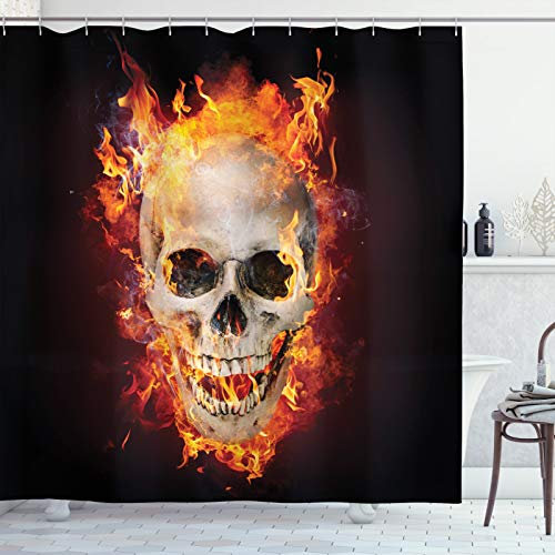 ABAKUHAUS Schädel Duschvorhang, Scary Skeleton Kopf Flames, Stoffliches Gewebe Badezimmerdekorationsset mit Haken, 175 x 200 cm, Seal Braun Orange und Abenddämmerung