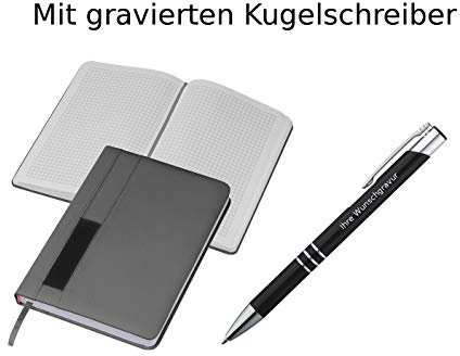 Notizbuch + Kugelschreiber mit Gravur / DIN A5 / 192 S. kariert / Farbe: grau