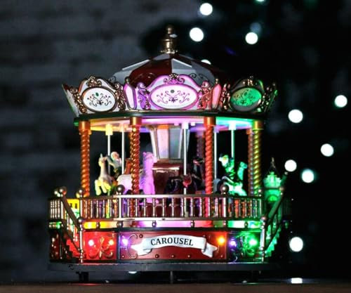 HomeZone Carrusel de Navidad Con Luces LED Multicolor - Adorno Musical Festivo Giratorio - Resina Pintada a Mano Preiluminado - Regalo Decorativo Para Decoración Navideña