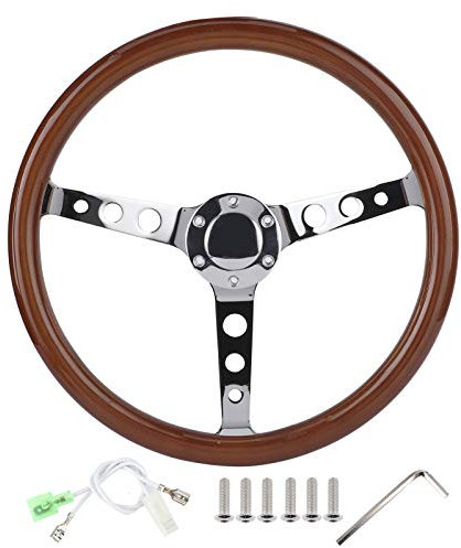 Volante, volante da 15 pollici a 6 fori Impugnatura retrò in legno di mogano Raggi in acciaio inossidabile con cavo di copertura del clacson