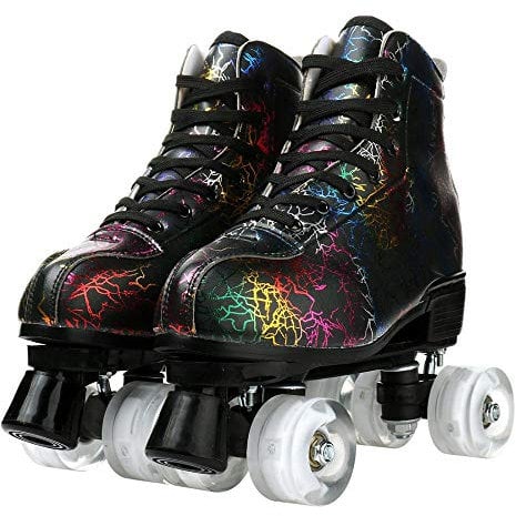 Damen-Rollschuhe mit leuchtenden Rollen, Leder, verstellbar, zweireihig, beleuchtete Derby-Skates, beleuchtet für Jugendliche und Jugendliche (Lightning Schwarz / Weiß, transparentes Rad, Größe 8)