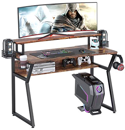 TREETALK Gaming Desk, Computer Desk with Large Monitor Stand and Open Shelf, PC Laptop Gamer Table Workstation with Cup Holder, Headphone Hook, 2 Speaker Stand for Home Office (Rustic Brown)