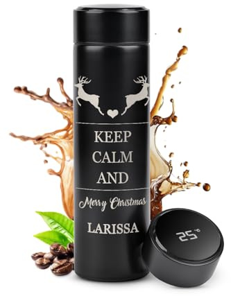 Maverton Thermobecher Kaffeebecher 450 ml - Isolierbecher personalisiert auslaufsicher - 100% dicht - Led Temperatur Anzeige - aus Edelstahl - Weihnachts - schwarz - Keep calm