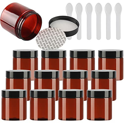 TIANZD 24 Pièces Vides Petit 200 ml Marron Cosmétique Pot en Plastique avec Couvercle Noir 200 g Pots de Cosmétique Crème de Bouteille Contenant avec 6x Spatules