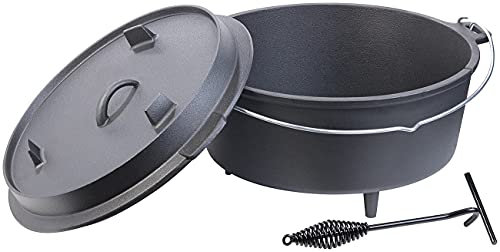 Rosenstein & Söhne Feuertopf: Dutch Oven aus Gusseisen mit Standfüßen, 2in1-Deckel & -Pfanne, 12 l (Dutch Oven mit Füßen, Gusseisen Kochtopf, Campingkocher)