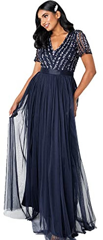 Maya Deluxe Women's Maxi Dress Ladies Bridesmaid V-Neck Ball Gown Short Sleeves Long Elegant Empire Waist Wedding, Navy, 18