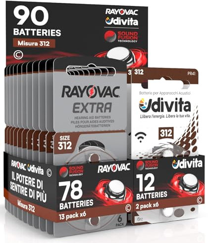 90 Piles pour appareils acoustiques Rayovac Extra Advanced 312 90 Piles : 78 Rayovac + 12 Udivita