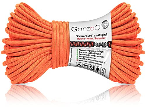 Ganzoo Paracord 550 Seil rot orange, 4mm, Typ 3, Nylon Polyester, Hybrid, Armband, Hunde-Leine, Hunde-Halsband knüpfen, ca. 250kg Bruchlast, Outdoor Rope, Camping Schnur, Allzweckseil, 30 Meter
